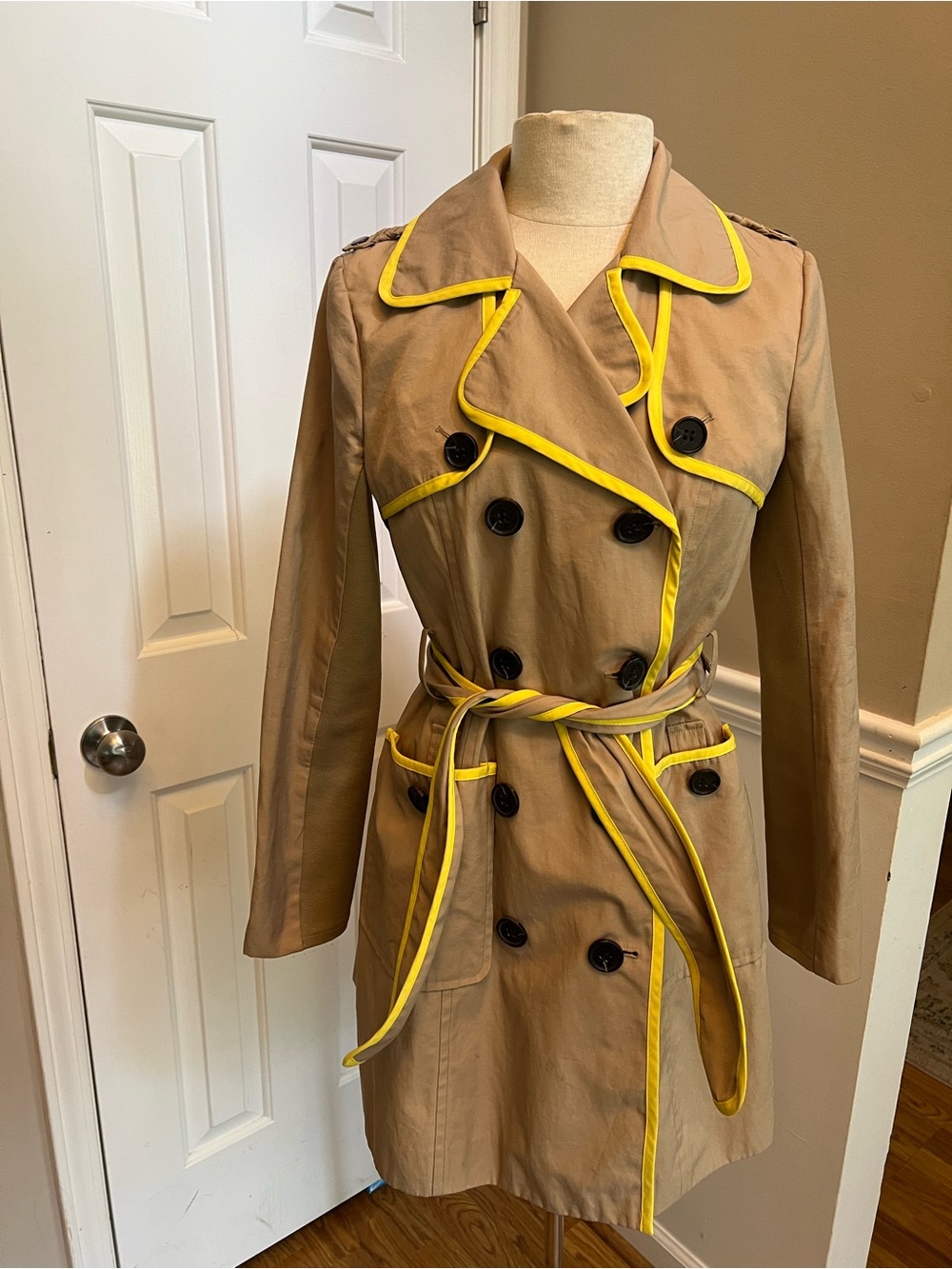 BCBG Women’s Tan Trench Coat with Yellow trimming